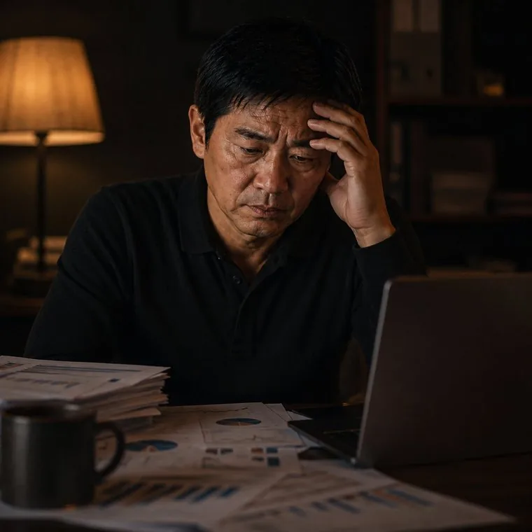 老闆對著筆電與一疊看不懂的數據報表扶額疲憊，委託代操卻只換來一堆數字