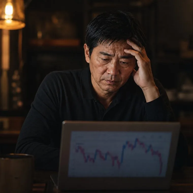老闆看著筆電上忽高忽低的廣告成效曲線，一手撐額、眉頭緊鎖，抓不準成效