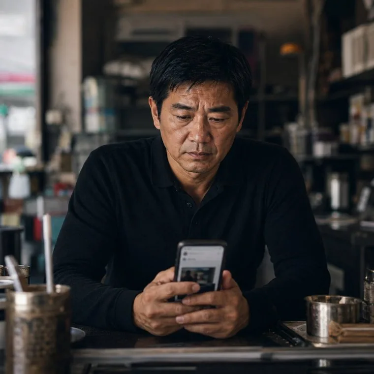 中小企業老闆坐在店裡看著手機上自己經營卻乏人問津的貼文，神情茫然洩氣